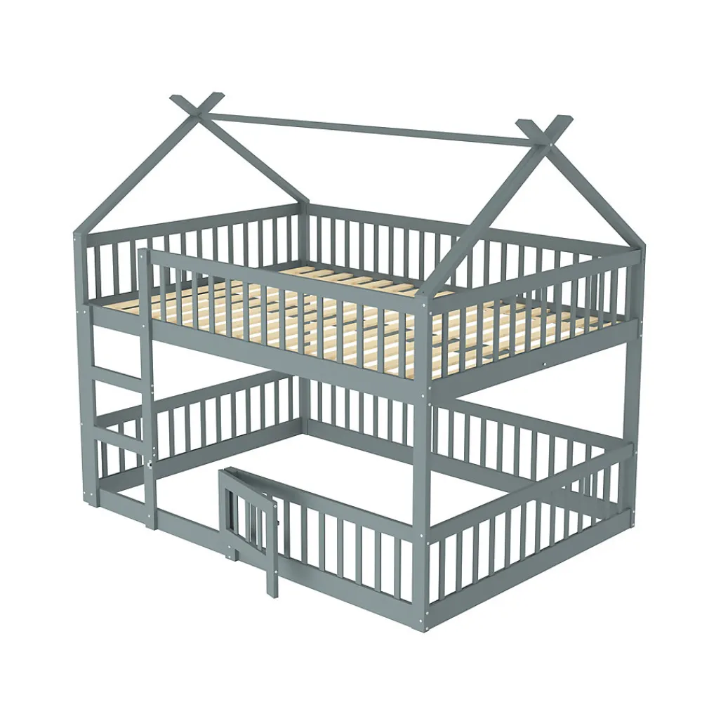 Lit superposé 140x200 cm avec échelle intégrée et structure en bois massif, design loft gris>Redom Clearance