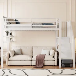 Lit superposé 90x200 cm avec échelle intégrée et rangements, structure métal blanc design contemporain gain de place>Redom New
