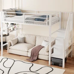 Lit superposé 90x200 cm avec échelle intégrée et rangements, structure métal blanc design contemporain gain de place>Redom New