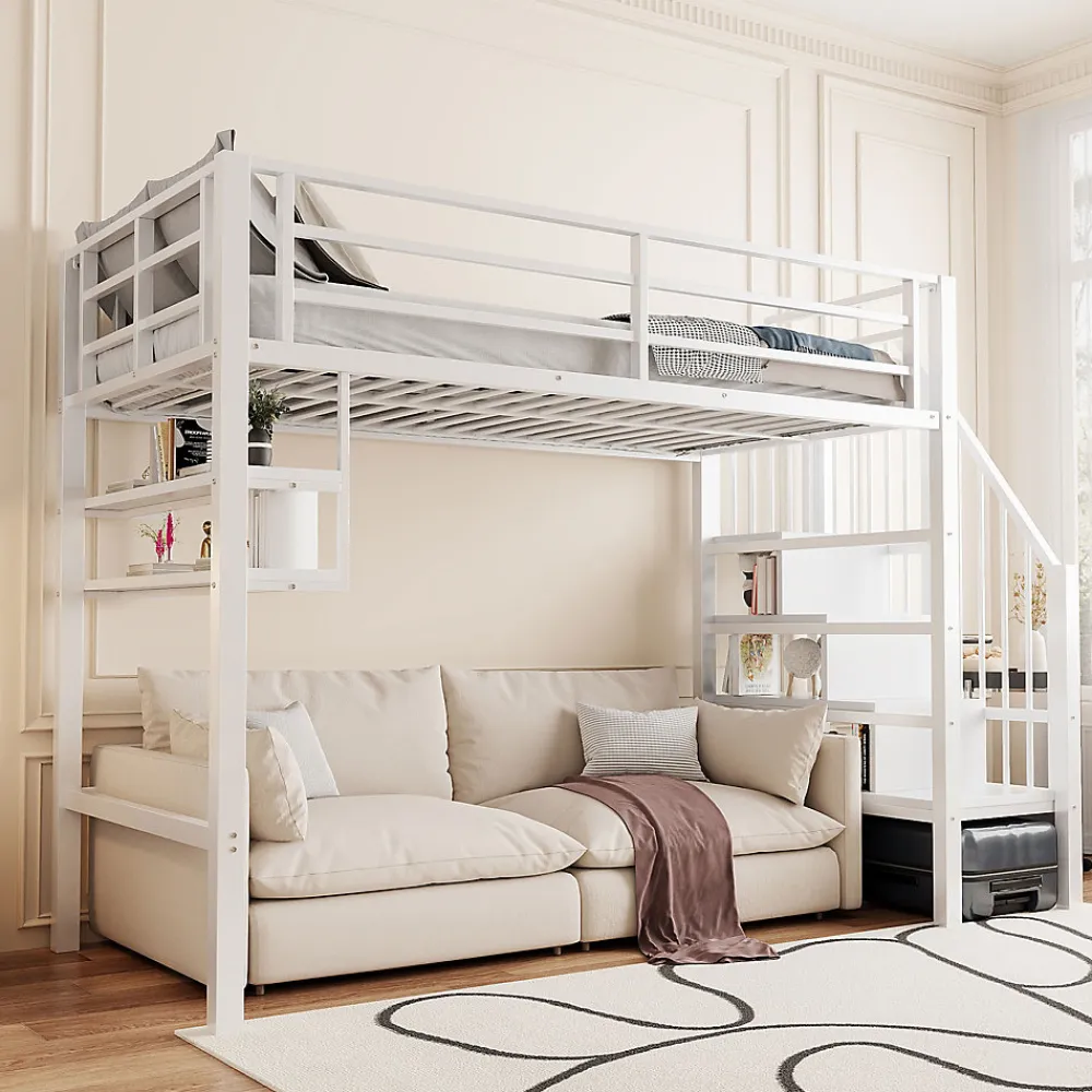 Lit superposé 90x200 cm avec échelle intégrée et rangements, structure métal blanc design contemporain gain de place>Redom New