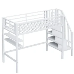 Lit superposé 90x200 cm avec échelle intégrée et rangements, structure métal blanc design contemporain gain de place><noscript><img width=