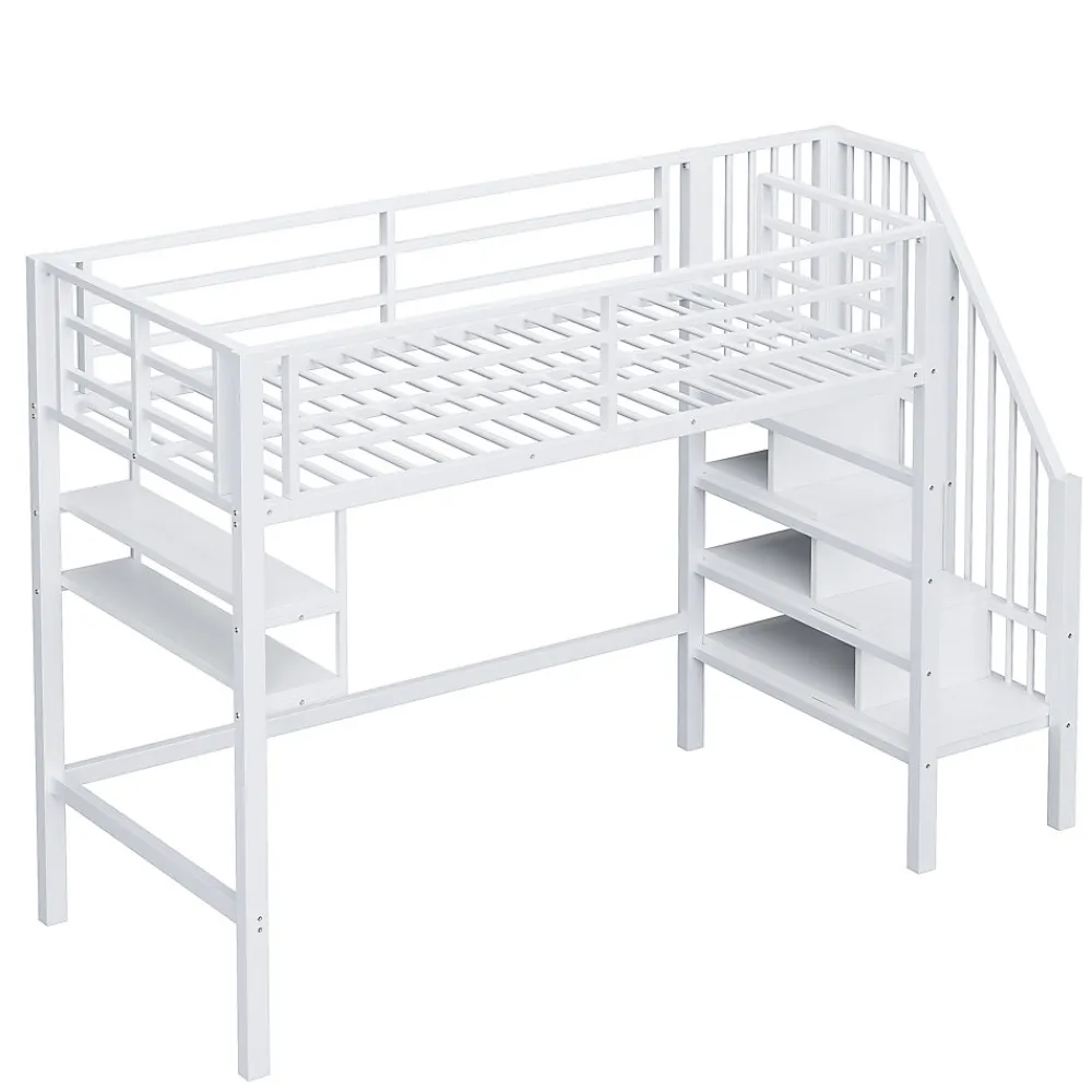 Lit superposé 90x200 cm avec échelle intégrée et rangements, structure métal blanc design contemporain gain de place>Redom New