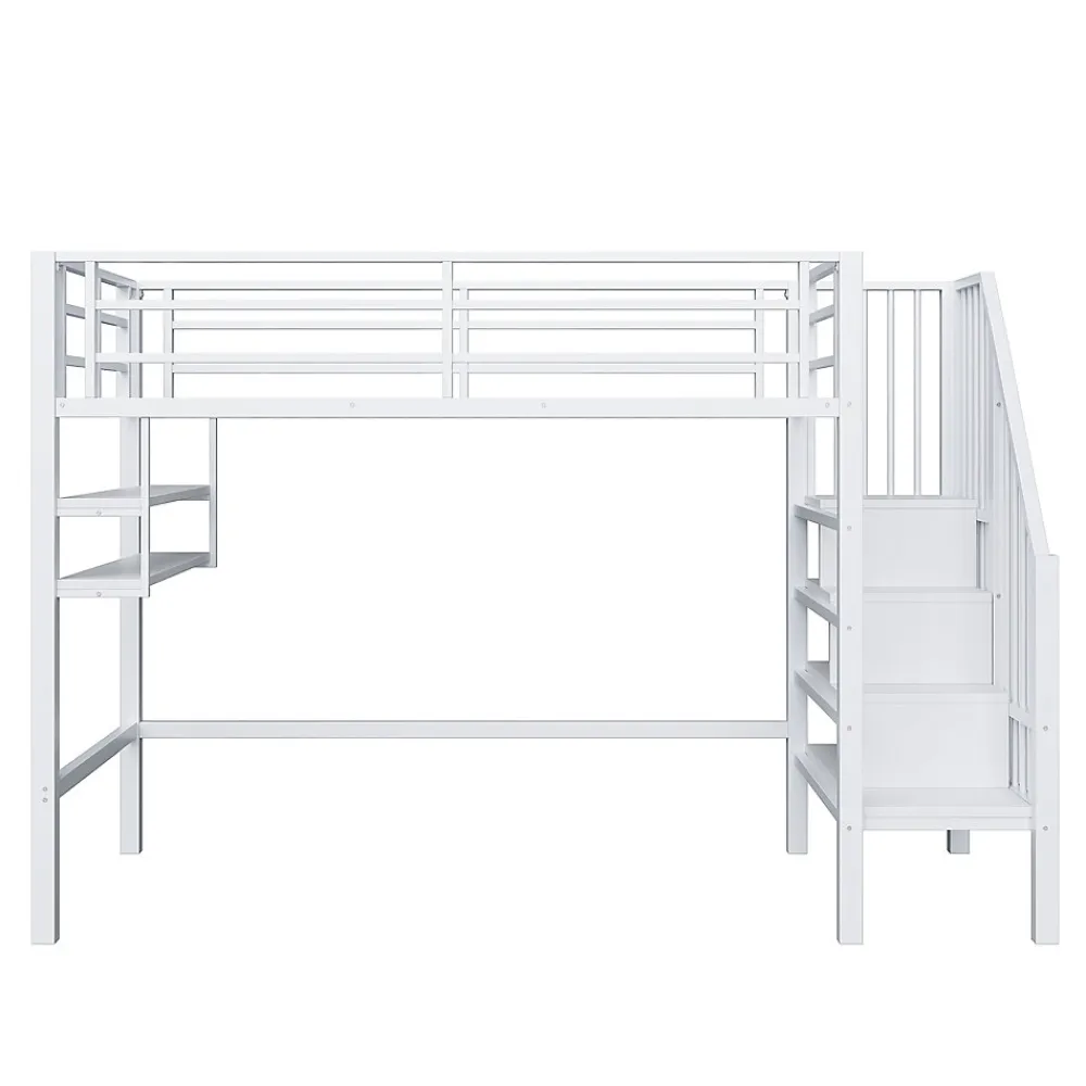 Lit superposé 90x200 cm avec échelle intégrée et rangements, structure métal blanc design contemporain gain de place>Redom New