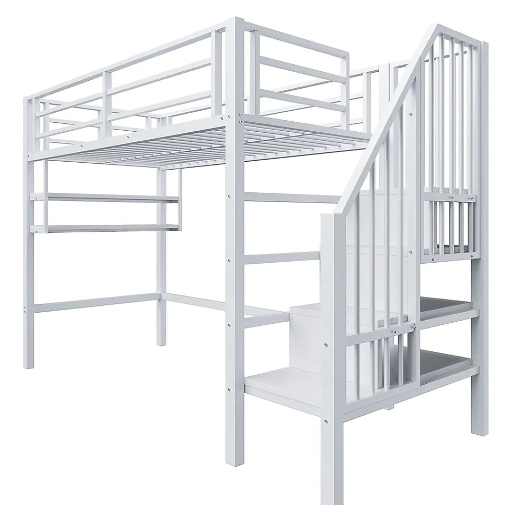 Lit superposé 90x200 cm avec échelle intégrée et rangements, structure métal blanc design contemporain gain de place>Redom New