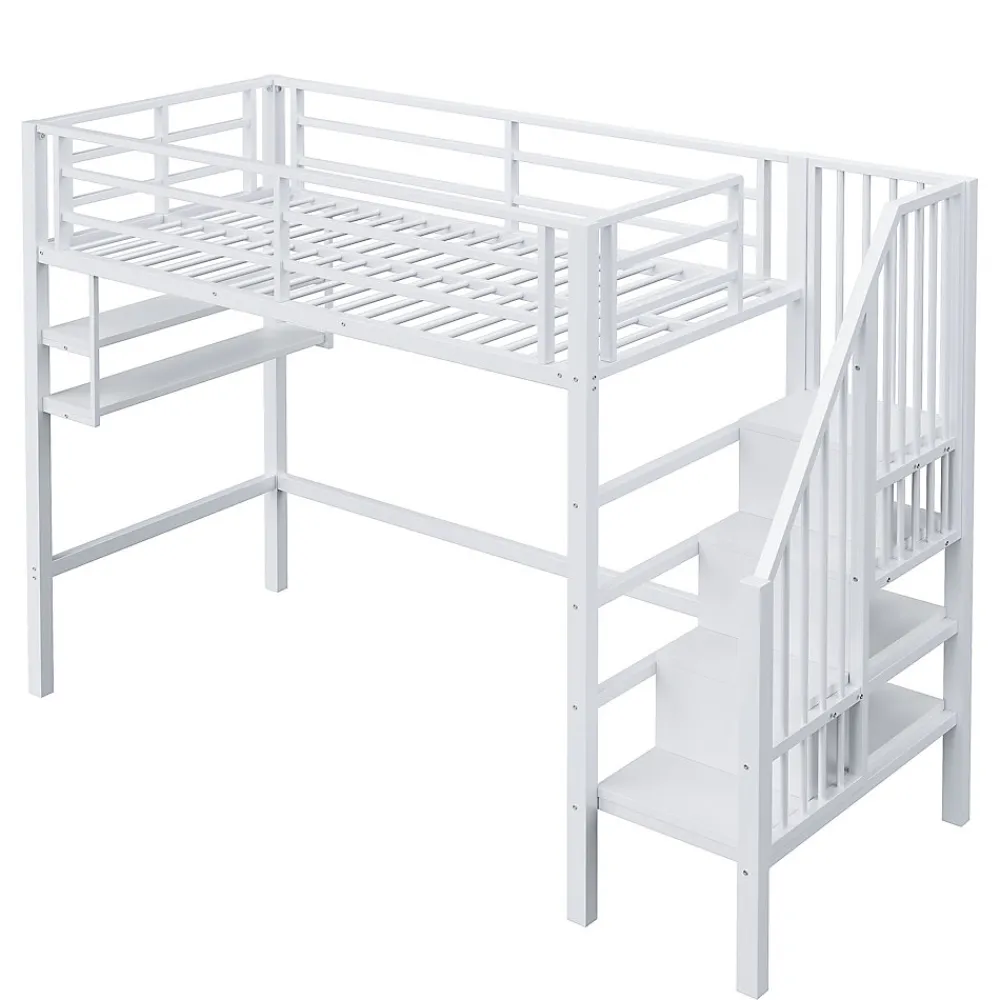 Lit superposé 90x200 cm avec échelle intégrée et rangements, structure métal blanc design contemporain gain de place>Redom New
