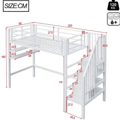 Lit superposé 90x200 cm avec échelle intégrée et rangements, structure métal blanc design contemporain gain de place><noscript><img width=