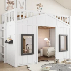 Lit superposé 90x200 cm avec escalier intégré, cabane décorative et structure en pin/MDF, gain de place><noscript><img width=