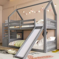 Redom Lit superposé 90x200 cm avec escalier de rangement et toboggan, structure en pin et MDF, chambre enfant*Enfant Lit Enfant