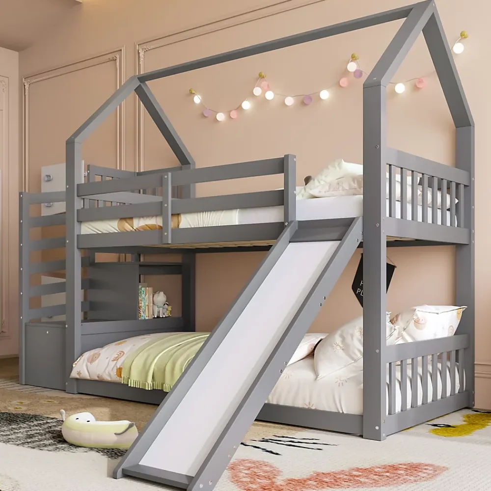 Redom Lit superposé 90x200 cm avec escalier de rangement et toboggan, structure en pin et MDF, chambre enfant*Enfant Lit Enfant