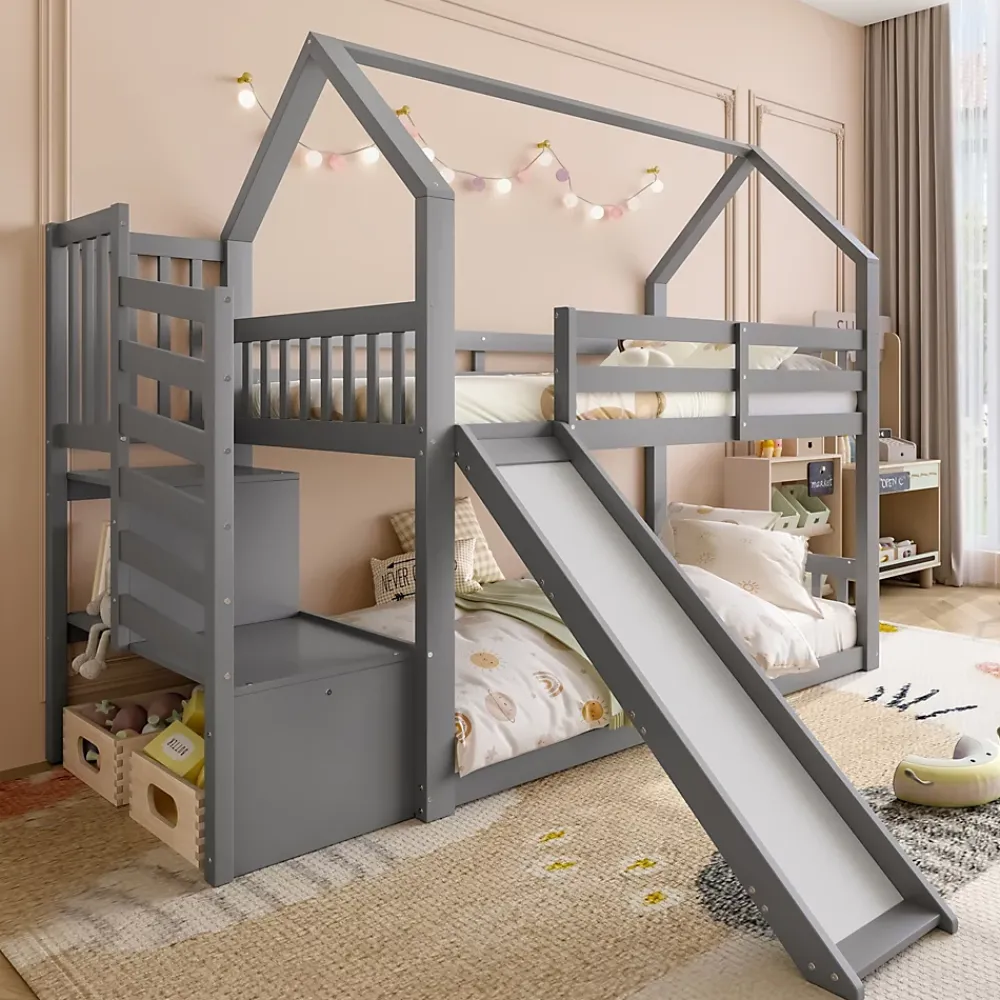 Redom Lit superposé 90x200 cm avec escalier de rangement et toboggan, structure en pin et MDF, chambre enfant*Enfant Lit Enfant