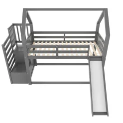Redom Lit superposé 90x200 cm avec escalier de rangement et toboggan, structure en pin et MDF, chambre enfant*Enfant Lit Enfant