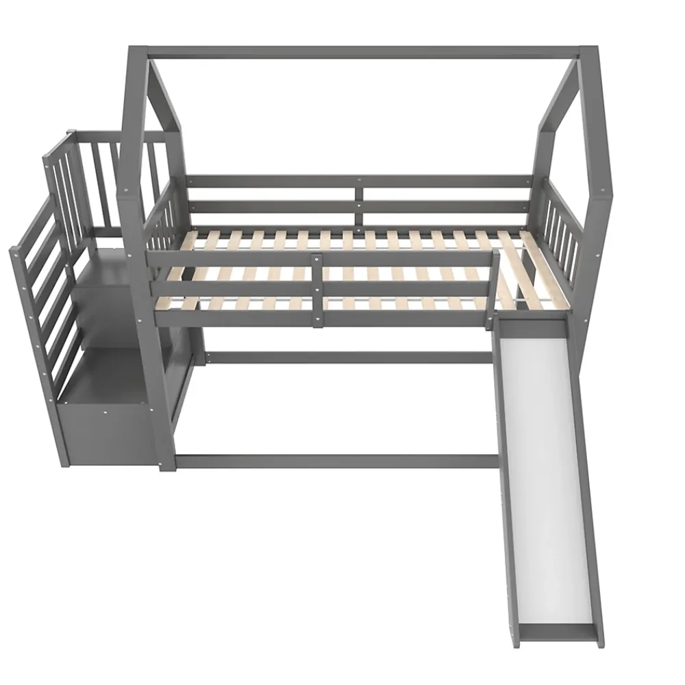 Redom Lit superposé 90x200 cm avec escalier de rangement et toboggan, structure en pin et MDF, chambre enfant*Enfant Lit Enfant