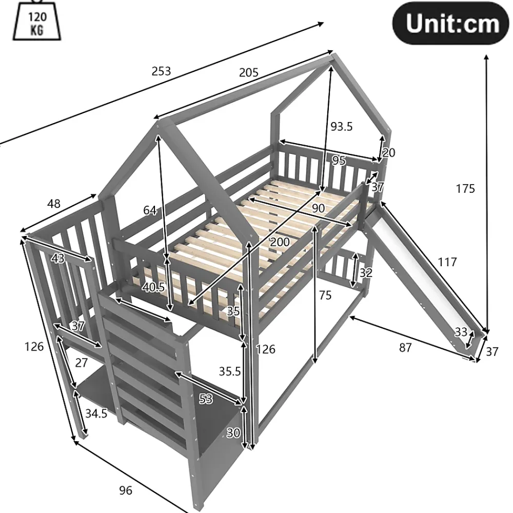 Redom Lit superposé 90x200 cm avec escalier de rangement et toboggan, structure en pin et MDF, chambre enfant*Enfant Lit Enfant