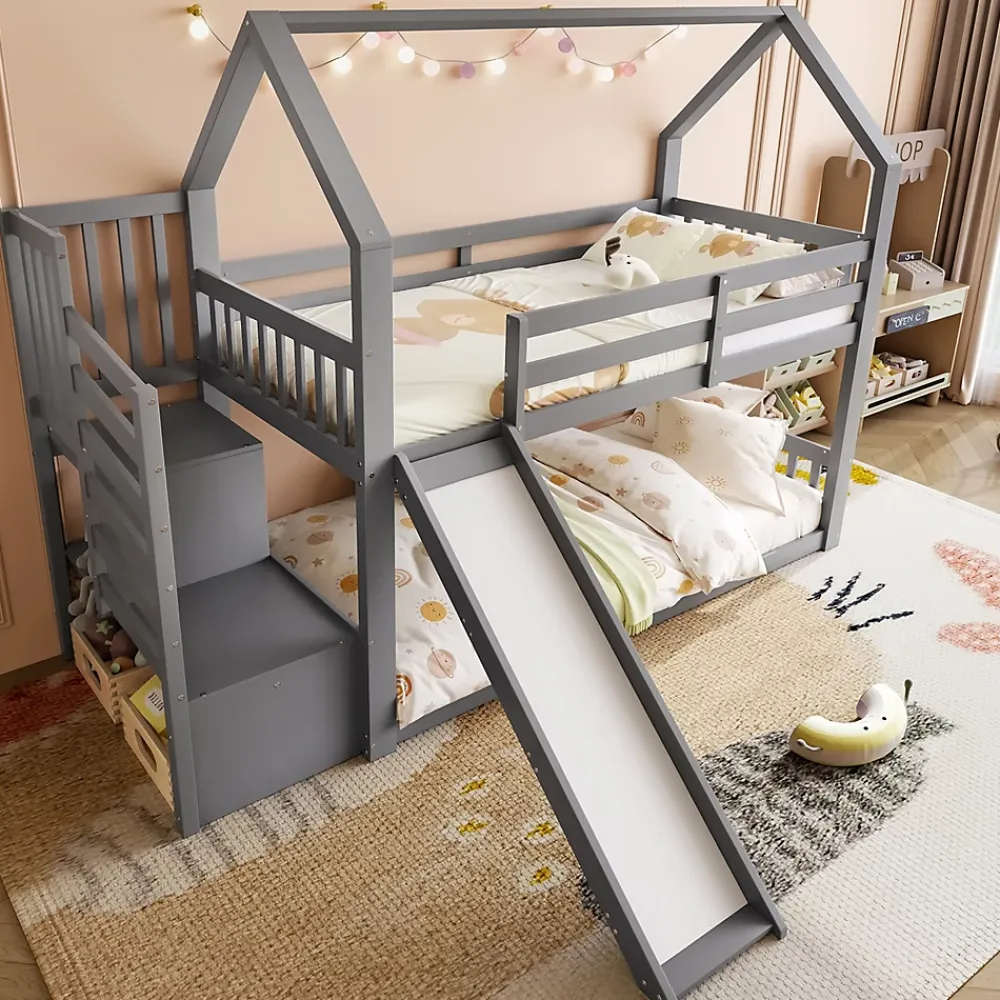 Redom Lit superposé 90x200 cm avec escalier de rangement et toboggan, structure en pin et MDF, chambre enfant*Enfant Lit Enfant