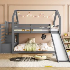 Redom Lit superposé 90x200 cm avec escalier de rangement et toboggan, structure en pin et MDF, chambre enfant*Enfant Lit Enfant