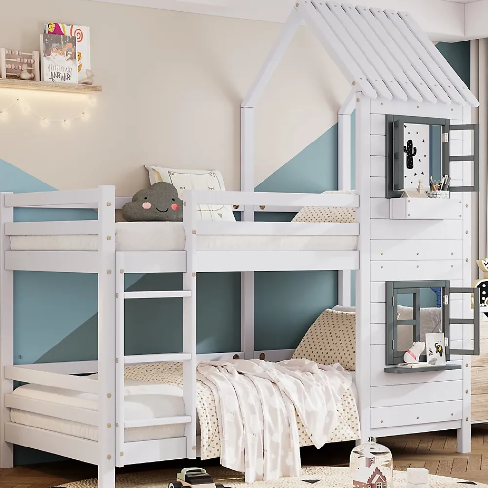 Redom Lit superposé 90x200 cm avec fenêtres et échelle à main courante, structure en pin massif et MDF*Enfant Lit Enfant