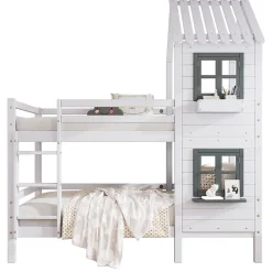 Redom Lit superposé 90x200 cm avec fenêtres et échelle à main courante, structure en pin massif et MDF*Enfant Lit Enfant