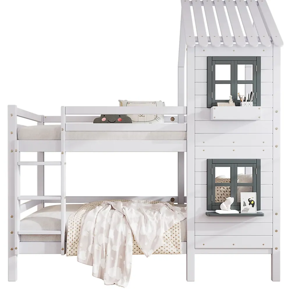 Redom Lit superposé 90x200 cm avec fenêtres et échelle à main courante, structure en pin massif et MDF*Enfant Lit Enfant