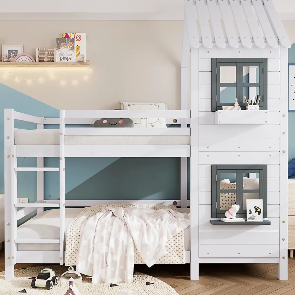 Redom Lit superposé 90x200 cm avec fenêtres et échelle à main courante, structure en pin massif et MDF*Enfant Lit Enfant