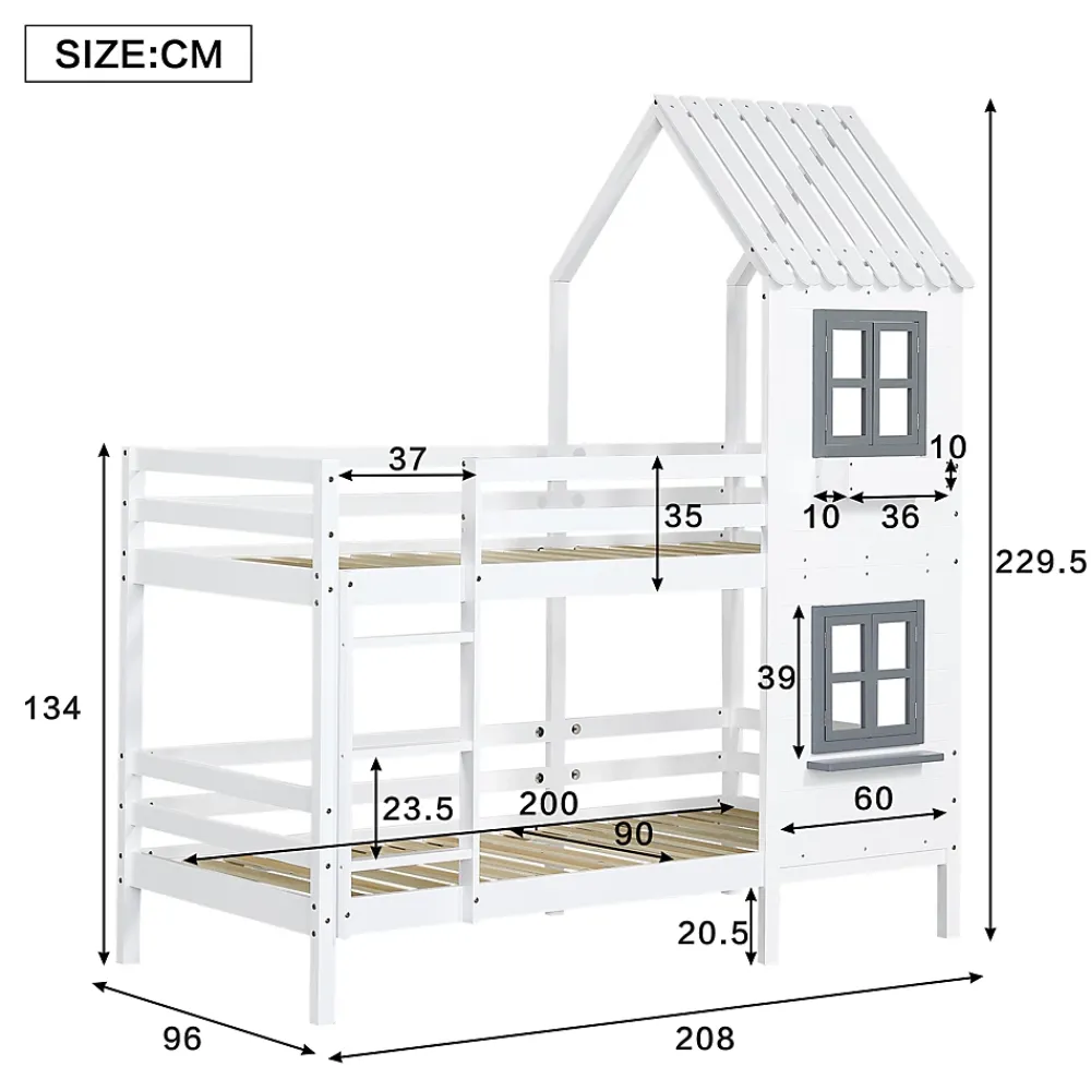 Redom Lit superposé 90x200 cm avec fenêtres et échelle à main courante, structure en pin massif et MDF*Enfant Lit Enfant