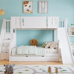 Lit superposé 90x200 cm, avec fenêtre, toboggan, étagères, 4 rangements, cadre bois>Fortuna lai Hot
