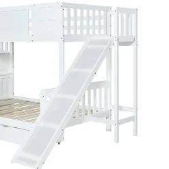Lit superposé 90x200 cm, avec fenêtre, toboggan, étagères, 4 rangements, cadre bois><noscript><img width=