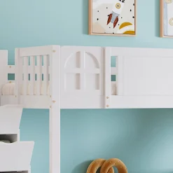 Lit superposé 90x200 cm, avec fenêtre, toboggan, étagères, 4 rangements, cadre bois><noscript><img width=