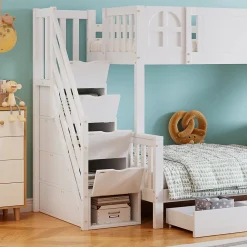 Lit superposé 90x200 cm, avec fenêtre, toboggan, étagères, 4 rangements, cadre bois><noscript><img width=