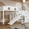 Fortuna lai Lit superposé 90x200 cm, avec fenêtre, toboggan, 2 rangements dans l'échelle, blanc,marron*Enfant Lit Enfant