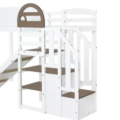Fortuna lai Lit superposé 90x200 cm, avec fenêtre, toboggan, 2 rangements dans l'échelle, blanc,marron*Enfant Lit Enfant