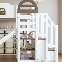 Fortuna lai Lit superposé 90x200 cm, avec fenêtre, toboggan, 2 rangements dans l'échelle, blanc,marron*Enfant Lit Enfant