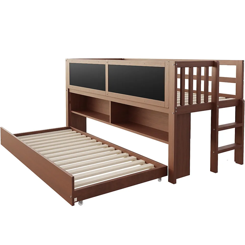 Lit superposé 90x200 cm avec lit gigogne, panneaux tableau à craie et rangement ouvert en bois massif brun>Redom Sale