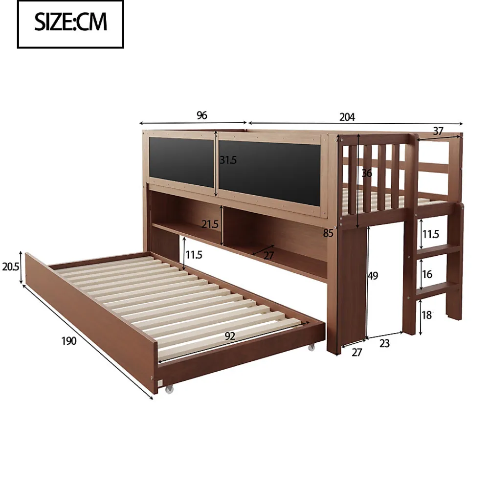 Lit superposé 90x200 cm avec lit gigogne, panneaux tableau à craie et rangement ouvert en bois massif brun>Redom Sale