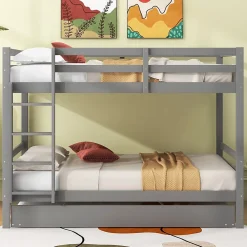 Redom Lit superposé 140x200 cm avec lit gigogne et escalier intégré, structure pin/MDF grise*Enfant Lit Enfant