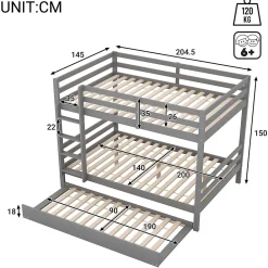 Redom Lit superposé 140x200 cm avec lit gigogne et escalier intégré, structure pin/MDF grise*Enfant Lit Enfant