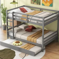Redom Lit superposé 140x200 cm avec lit gigogne et escalier intégré, structure pin/MDF grise*Enfant Lit Enfant