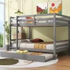 Redom Lit superposé 140x200 cm avec lit gigogne et escalier intégré, structure pin/MDF grise*Enfant Lit Enfant