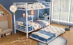 Redom Lit superposé 90x200 cm avec lit gigogne et échelle intégrée, structure métal blanche, gain de place*Enfant Lit Enfant