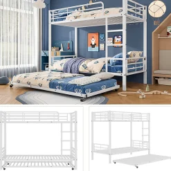 Redom Lit superposé 90x200 cm avec lit gigogne et échelle intégrée, structure métal blanche, gain de place*Enfant Lit Enfant