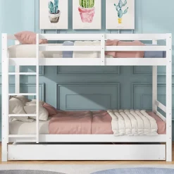 Redom Lit superposé 140x200 cm avec lit gigogne et échelle intégrée, structure en pin et MDF, finition blanche et garde-corps hauts*Enfant Lit Enfant