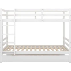 Redom Lit superposé 140x200 cm avec lit gigogne et échelle intégrée, structure en pin et MDF, finition blanche et garde-corps hauts*Enfant Lit Enfant