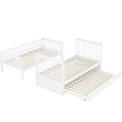 Redom Lit superposé 90x200 cm avec lit gigogne et échelle intégrée en pin blanc, modulable, gain de place*Enfant Lit Enfant