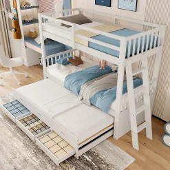 Lit Superposé 90x200 cm avec Lit Gigogne et 3 Tiroirs - Bois de Pin et MDF - Sans Matelas - Blanc>Okwish Clearance