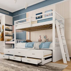 Lit Superposé 90x200 cm avec Lit Gigogne et 3 Tiroirs - Bois de Pin et MDF - Sans Matelas - Blanc>Okwish Clearance