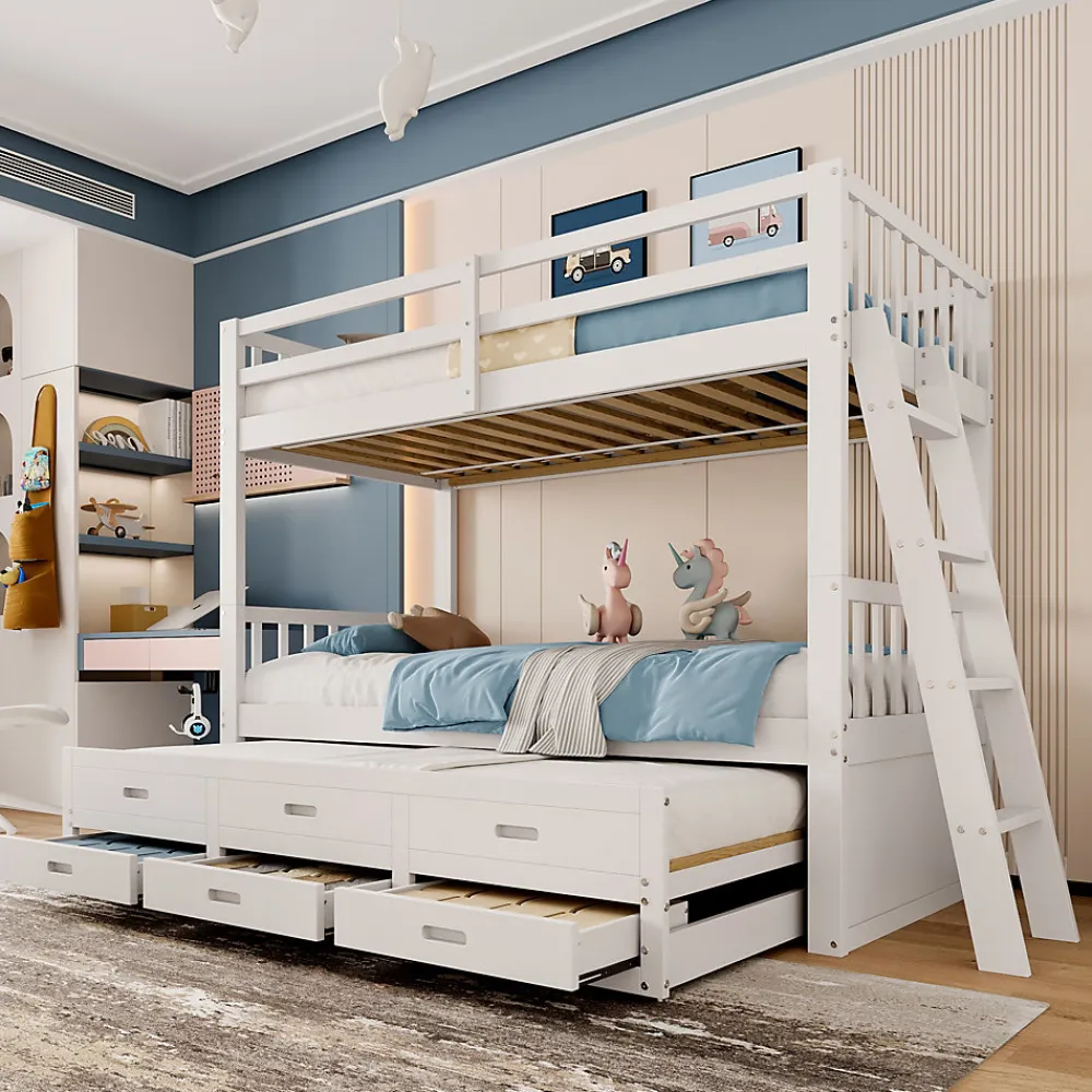 Lit Superposé 90x200 cm avec Lit Gigogne et 3 Tiroirs - Bois de Pin et MDF - Sans Matelas - Blanc>Okwish Clearance
