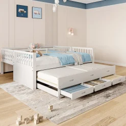 Lit Superposé 90x200 cm avec Lit Gigogne et 3 Tiroirs - Bois de Pin et MDF - Sans Matelas - Blanc><noscript><img width=