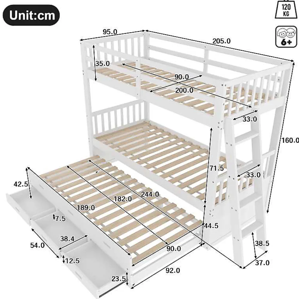 Lit Superposé 90x200 cm avec Lit Gigogne et 3 Tiroirs - Bois de Pin et MDF - Sans Matelas - Blanc>Okwish Clearance