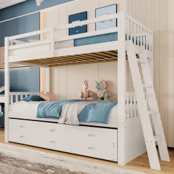 Lit Superposé 90x200 cm avec Lit Gigogne et 3 Tiroirs - Bois de Pin et MDF - Sans Matelas - Blanc><noscript><img width=