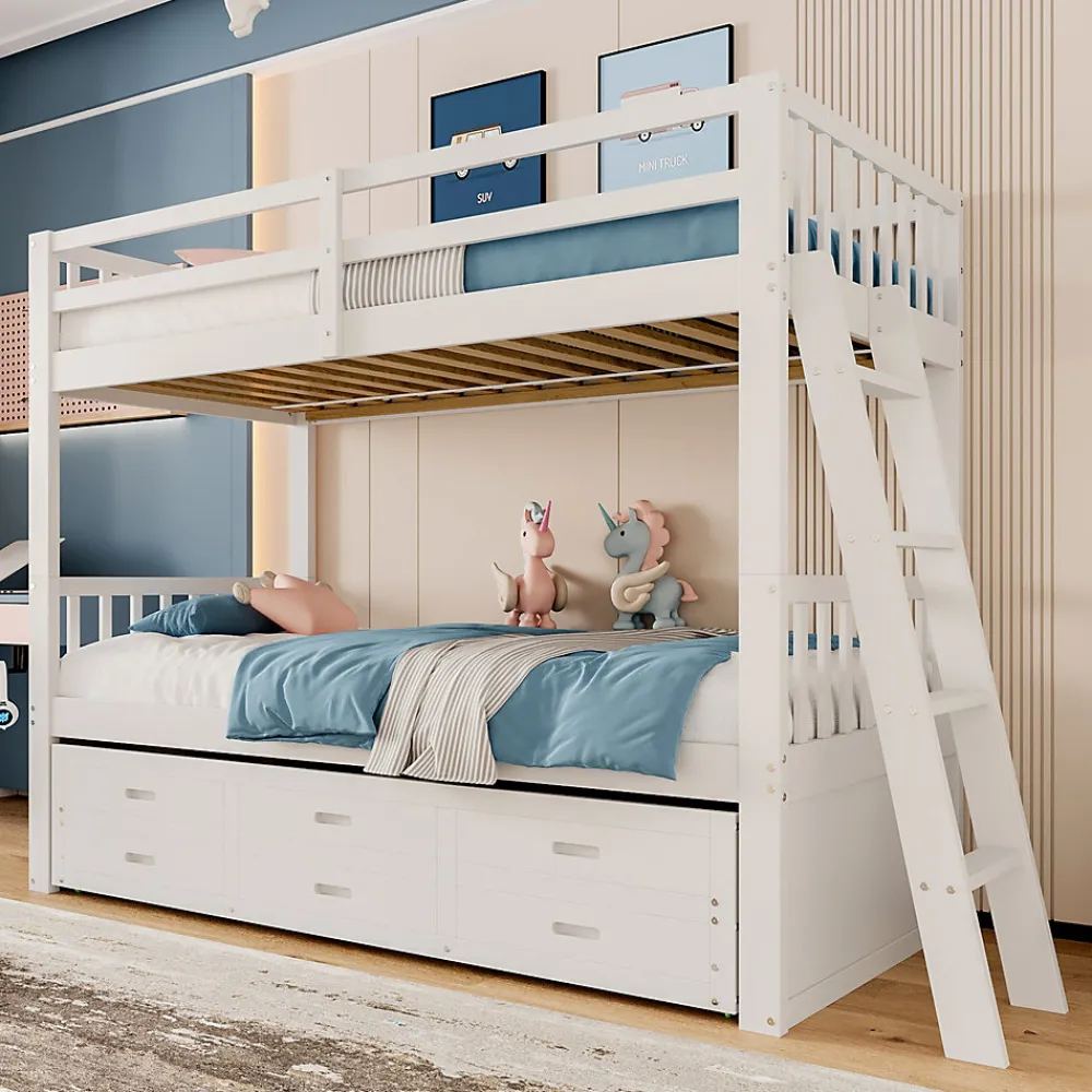 Lit Superposé 90x200 cm avec Lit Gigogne et 3 Tiroirs - Bois de Pin et MDF - Sans Matelas - Blanc>Okwish Clearance