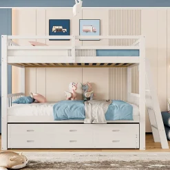 Lit Superposé 90x200 cm avec Lit Gigogne et 3 Tiroirs - Bois de Pin et MDF - Sans Matelas - Blanc><noscript><img width=